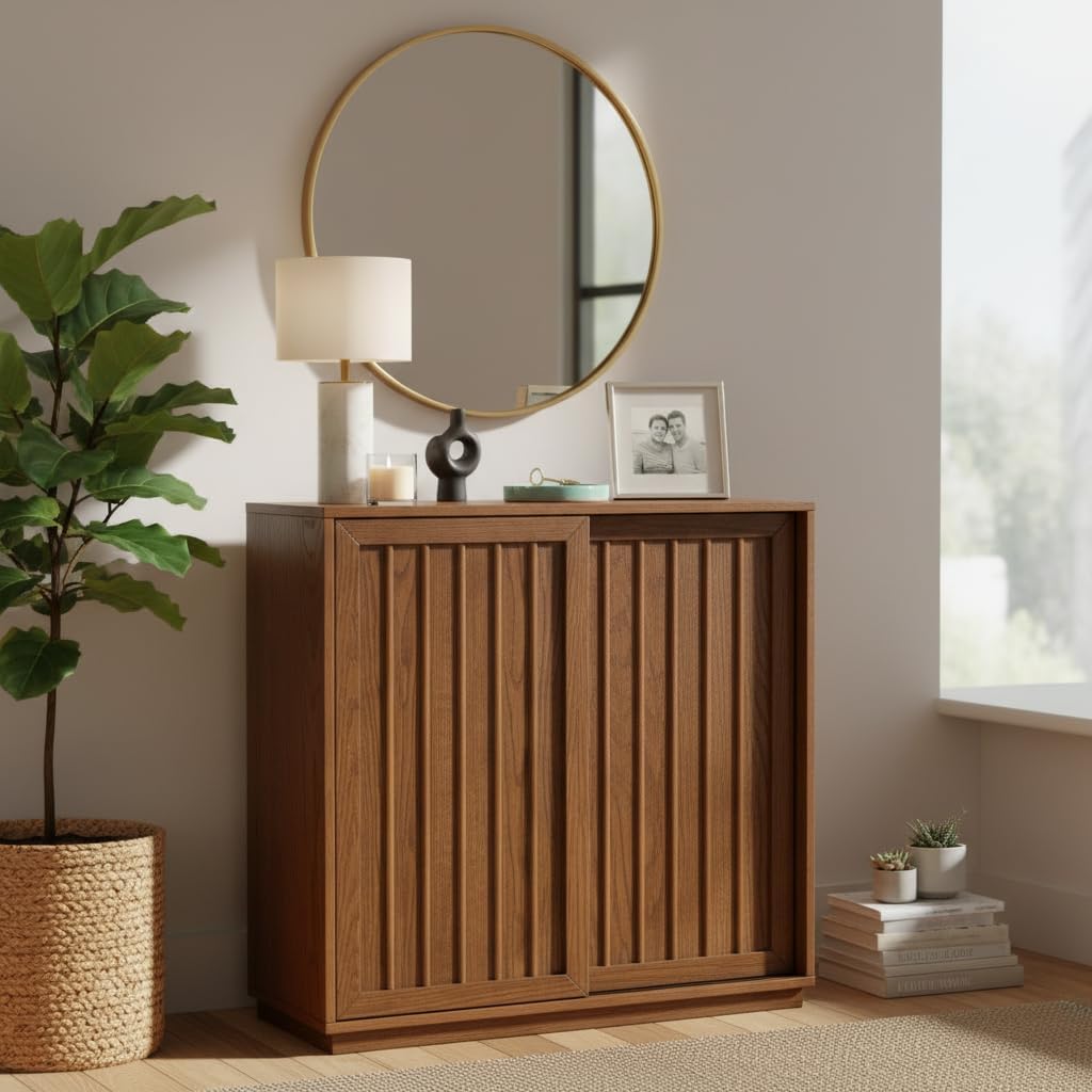 Mid Century Modern Sideboard Cabinet | Slim Fluted Credenza with Sliding Doors | Narrow Storage Buffet Console Table for Small Spaces, Living Room, Entryway, Kitchen (Walnut, 32")