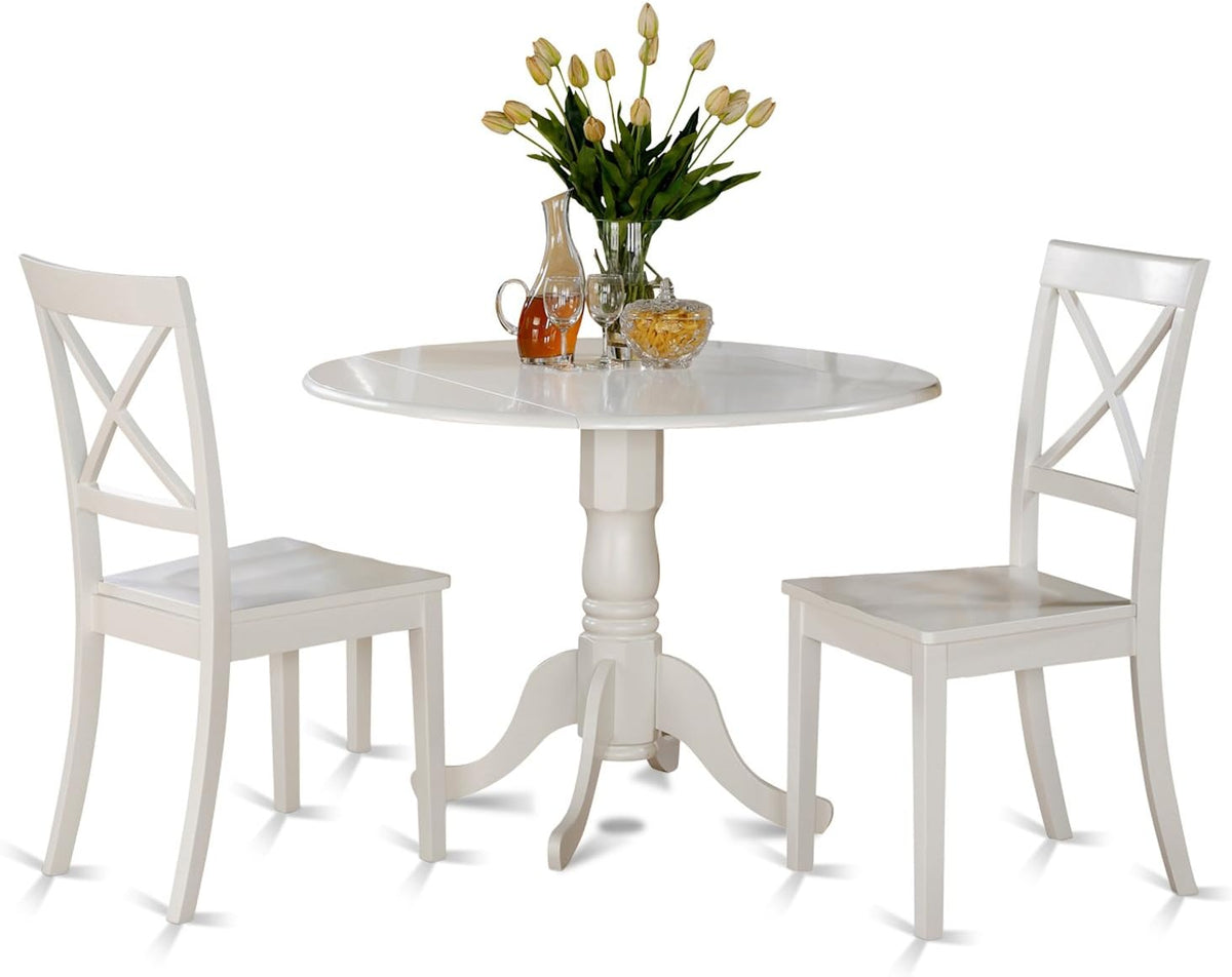 East West Furniture DLBO3-WHI-W 3 Piece Dining Room Table Set Contains a Round Kitchen Table with Dropleaf and 2 Dining Chairs, 42x42 Inch, Linen White