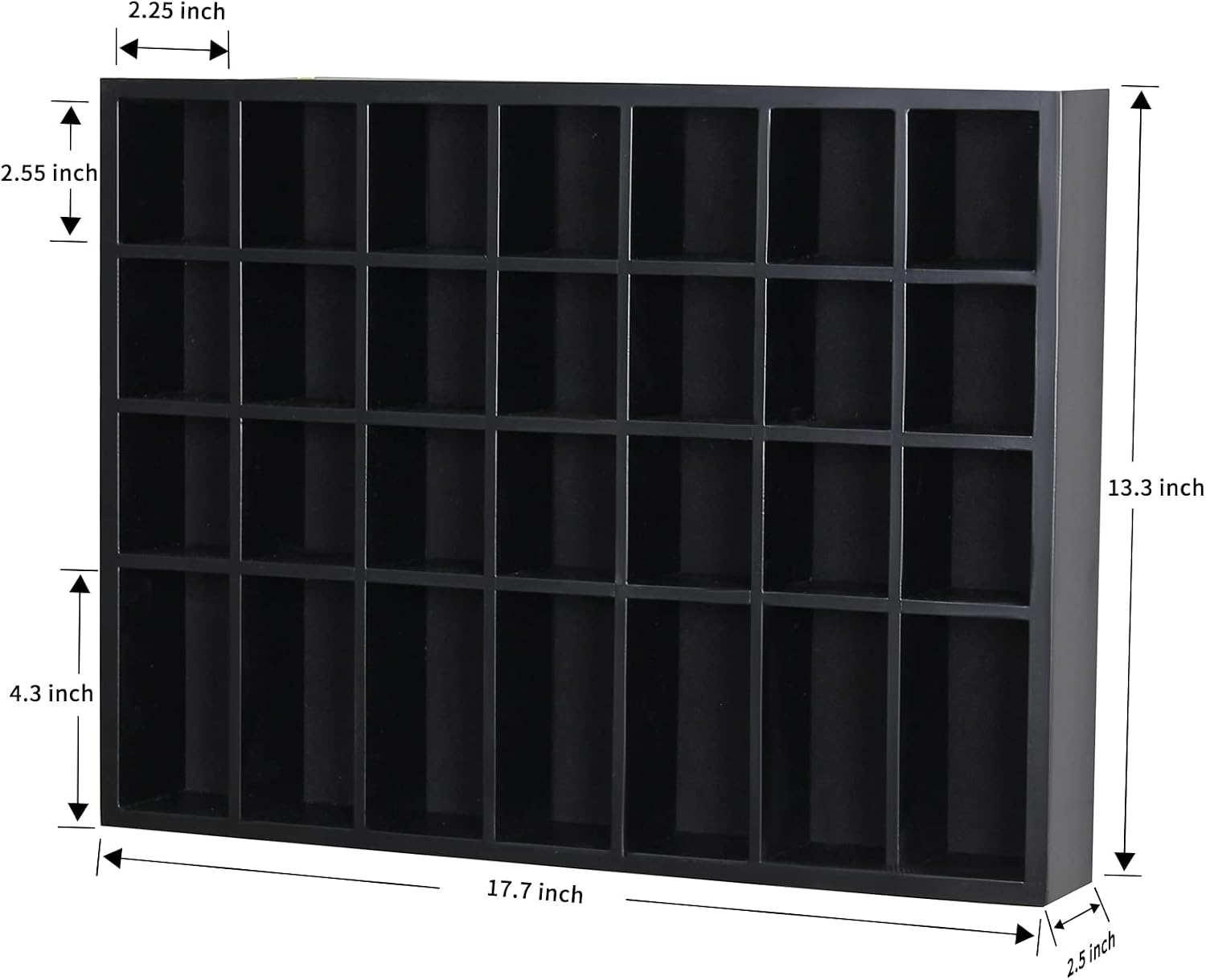 Black Shot Glass Display Case 18" x13" Solid Wood Wall Mounted Collection Cabinet 28 Slots Small Curio Cabinet Rack (No Door)