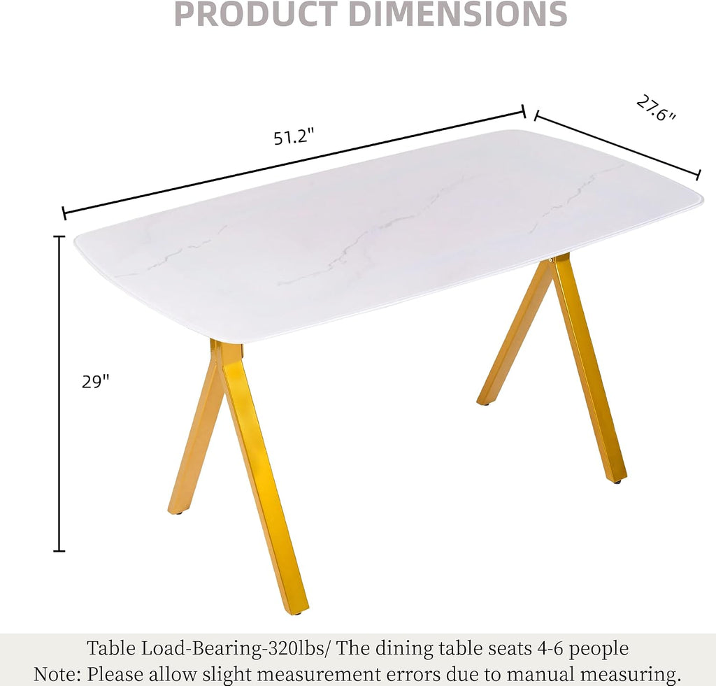 Meihua 51.2'' Dining Table with White Marble Pattern Tempered Glass Top, Sleek Metal Legs Stable Frame Dinner Table for 4-6 Persons, Luxury Kitchen Table for Home, Apartment & Office