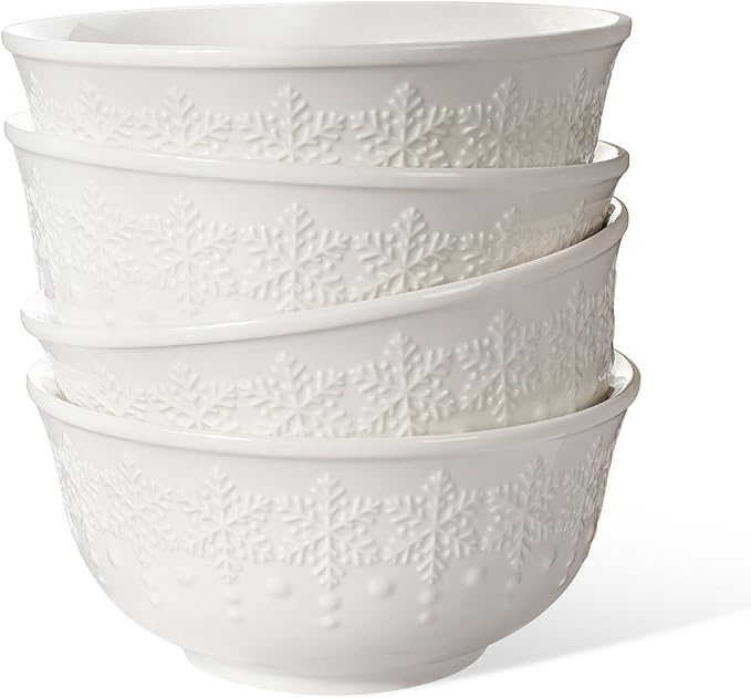 Cereal Bowls Set of 4 - Ceramic Soup Bowls for Kitchen 30 Oz Embossment White Breakfast Bowls for Rice, Pasta, Fruits, Salad, Ramen, 6.25 Inch, Dishwasher & Microwave Safe (Snowflake)