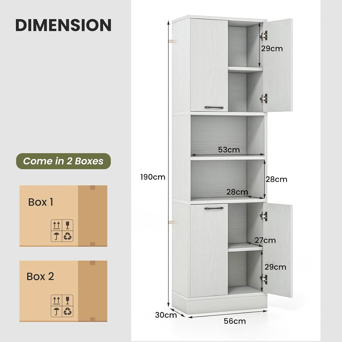 TANGZON 190CM Tall Kitchen Cupboard, 4-Door Storage Cabinet with Enclosed Cabinets, Open Compartments & Anti-tipping Kits, Freestanding Wooden Tall Sideboard for Pantry Dining Living Room (White Oak)