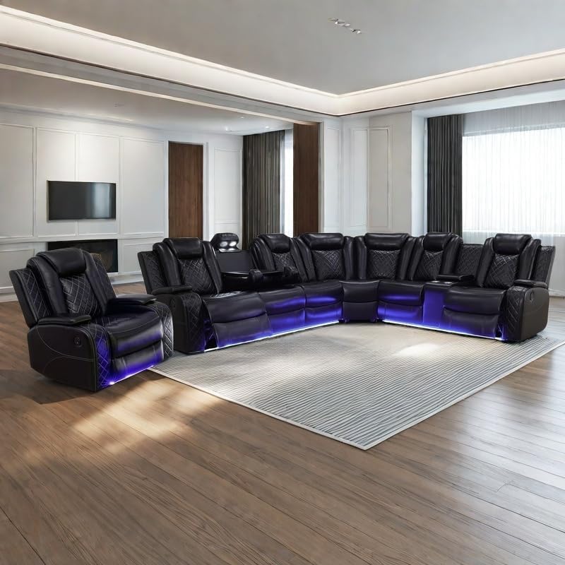 Power Recliner Sofa Sectional Sofa with LED Light for Living Room, Air Leather Reclining Corner Sectional Sofa Set, Cup Holder, Storage Console for Home Theater Seating (Black, Sectional+Chair)