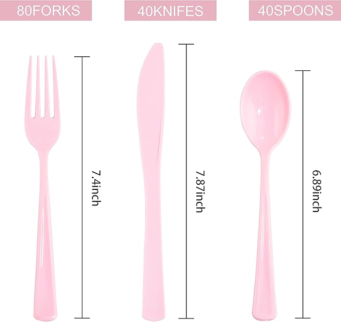 WDF 160 Piece Pink Plastic Silverware - Heavy Duty Pink Silverware Includes 80 Forks, 40 Spoons, 40 Knives, Plastic Utensils Perfect for Wedding, Party