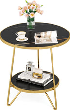 Tribesigns Faux Marble End Table, 2 Tier Round Side Table with Shelves, Modern Black Nightstand Bedside Table Small Coffee Accent Table for Living Room Bedroom, Black and Gold