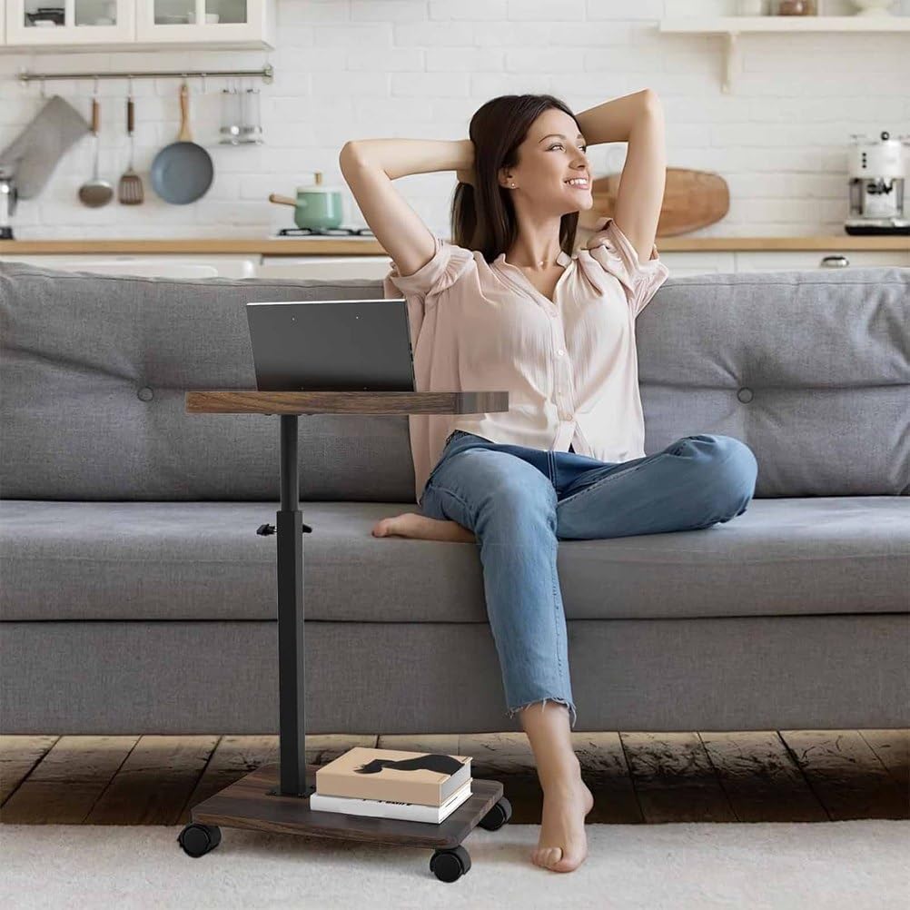 C Shaped End Table Adjustable Height with Wheels, Couch Tables That Slide Under, C Shaped End for Couch Double-Layered Storage for Living Room, Bedroom,Cherry Wood Color
