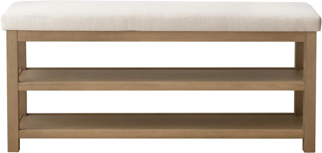 Zihanhome 2 Tier Shoe Rack Bench with Cushion, Solid Wood Shoe Benches, Mid-Century Modern Shoe Storage Bench for Entryway, Hallway, Living Room, Closet, Front Door Entrance, (Beige, 46.5")