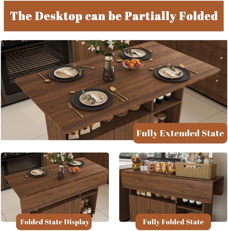 Folding Dining Table with Wheels, Drop Leaf Dinner Table with 2-Layer Storage, Space Saving Table for Small Spaces, Kitchen, Dining Room (Walnut)