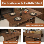 Folding Dining Table with Wheels, Drop Leaf Dinner Table with 2-Layer Storage, Space Saving Table for Small Spaces, Kitchen, Dining Room (Walnut)