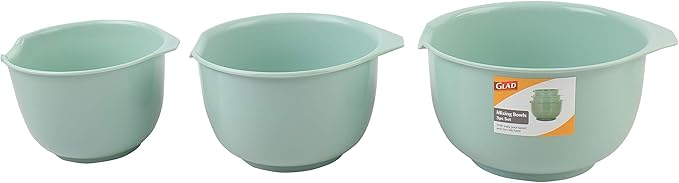 GLAD Mixing Bowls with Pour Spout, Set of 3 | Nesting Design Saves Space | Non-Slip, BPA Free, Dishwasher Safe Plastic | Kitchen Cooking and Baking Supplies, Sage Green