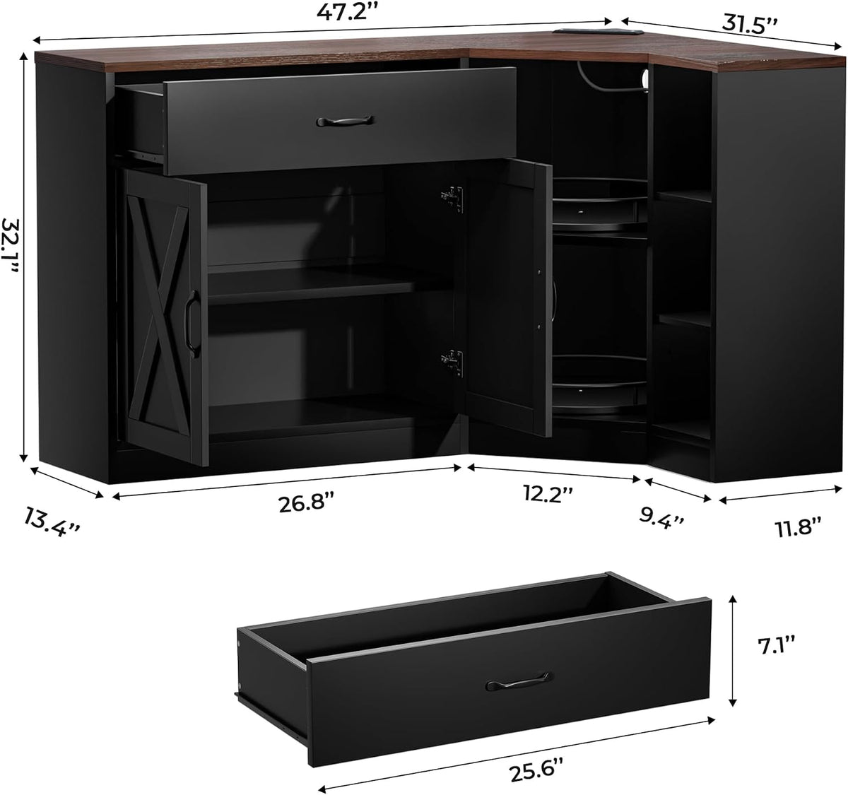 Corner Cabinet w/Charging Station, Kitchen Pantry w/Lazy Susan Turntable | Farmhouse Food Pantry Cabinet w/Drawer & Doors & Adjustable Shelf, L-Shaped Sideboard for Dining Room (Black)