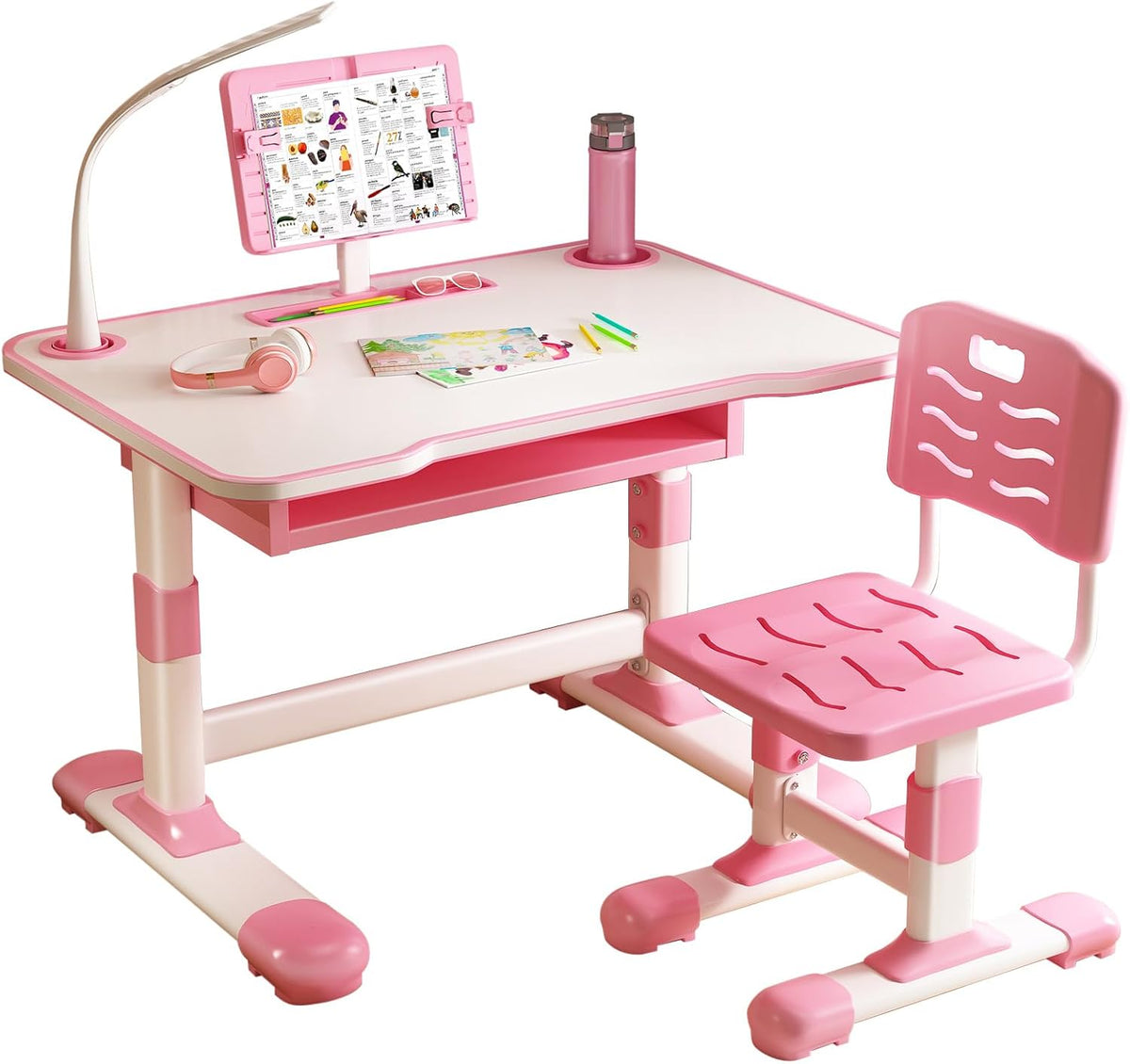 Kids Desk and Chair Set with LED Light | Adjustable Children's Study Table with Tiltable Book Stand & Large Drawer for Bedroom or Living Room (Pink/Blue) (Pink)
