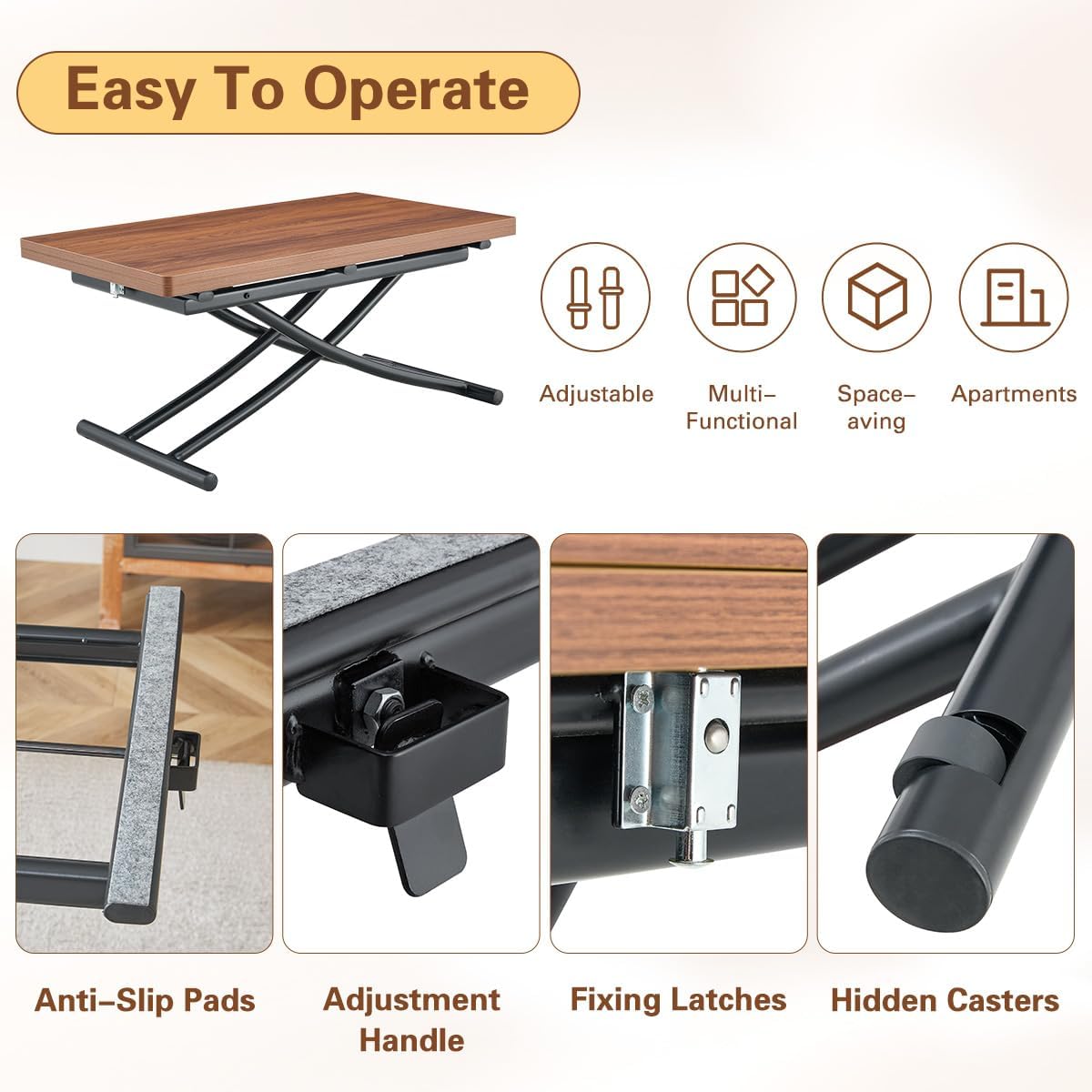 Liftable Folding Dining Table for 4, Adjustable Drop Leaf Table, Multi Functional Coffee Table for Small Spaces, Scratch-Resistant Wood Top with Metal Frame for Apartment Kitchen Living Room
