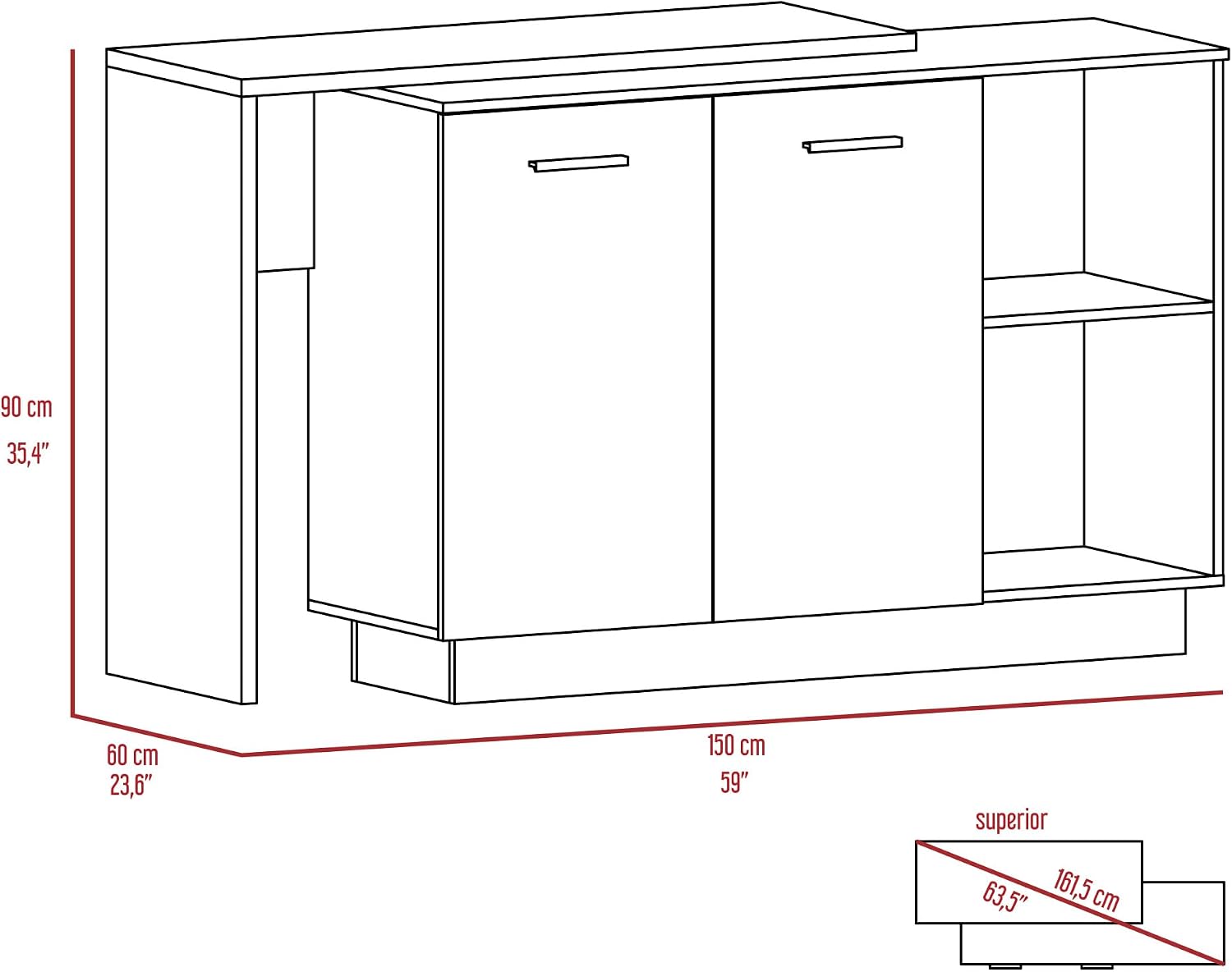 1-Drawer 3-Division Kitchen Island White with Particle Board | Modern kitchen island with 1 drawer and 5 shelves for storage and display