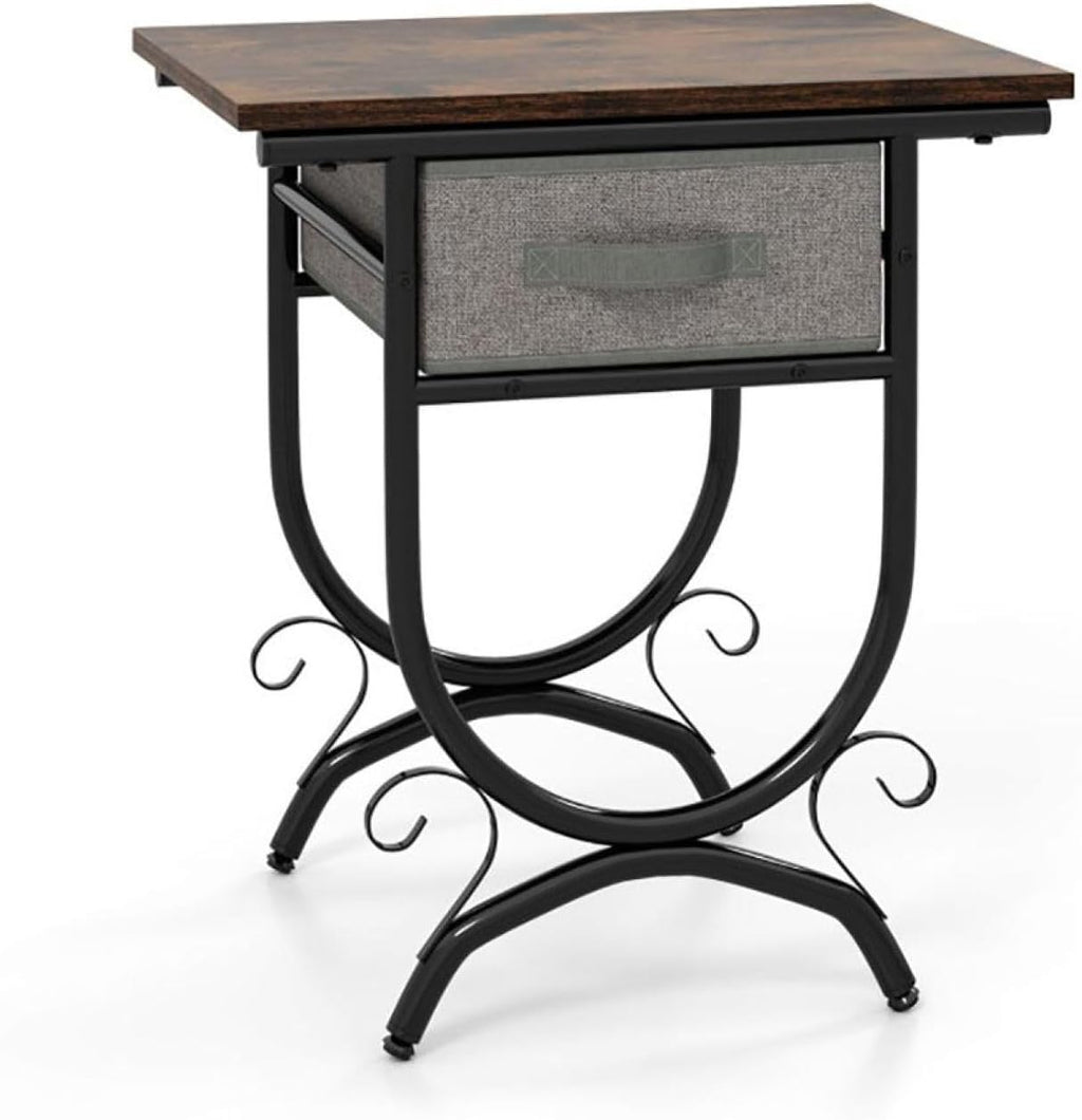 Side Table with Fabric Drawer & Metal Frame - Living Room, Bedroom - Black & Gray - 19" x 14" x 21"
