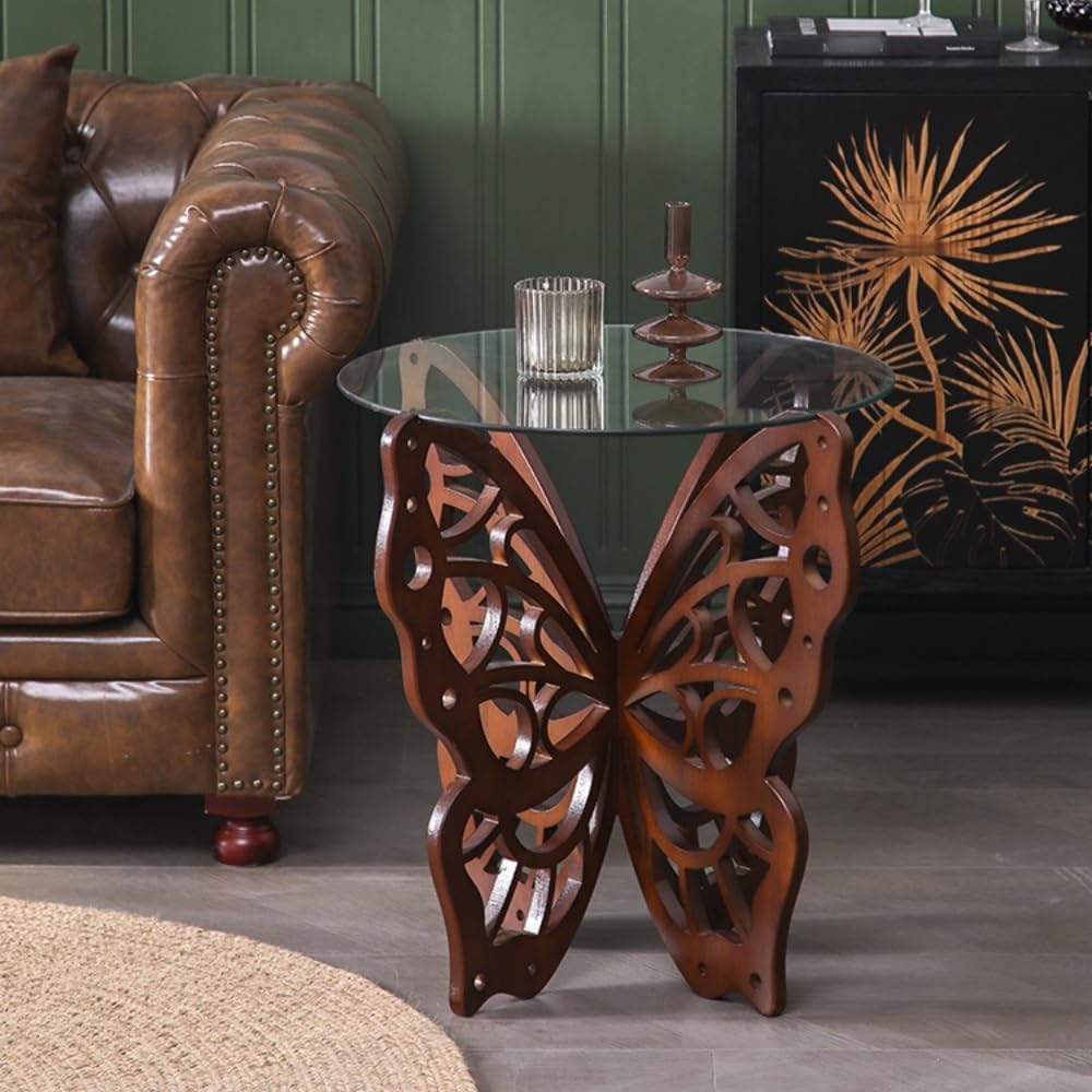 Butterfly Side Table, Tempered Glass Coffee Table with Solid Wood Base, Small Decorative End Table for Living Room, Balcony, and Bedroom(Clear)