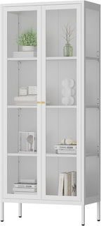 Polup Glass Display Cabinet with Glass Doors, White Curio Cabinet with 3 Side Tempered Glass, 66" Tall Bookcase Display Case for Collectibles, Metal Storage Cabinet for Living Room, Assemble Required