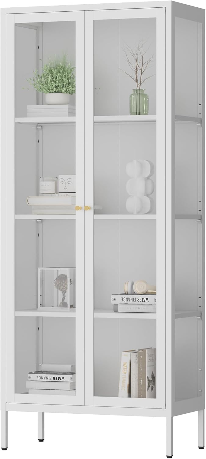 Polup Glass Display Cabinet with Glass Doors, White Curio Cabinet with 3 Side Tempered Glass, 66" Tall Bookcase Display Case for Collectibles, Metal Storage Cabinet for Living Room, Assemble Required