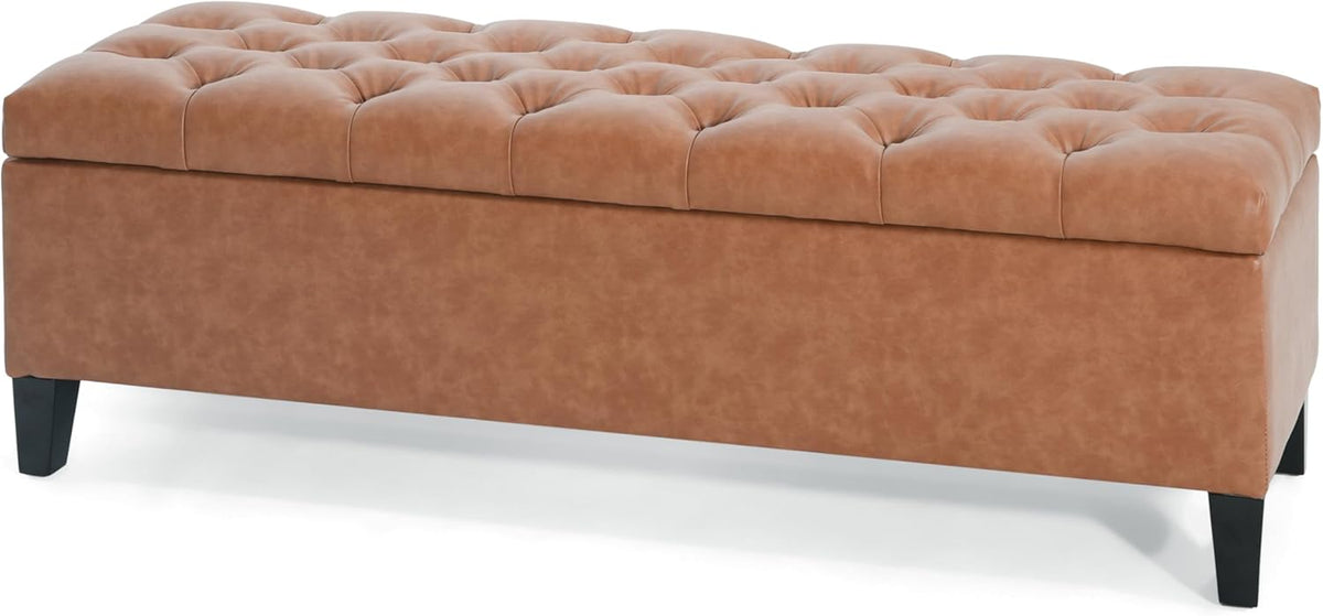 Christopher Knight Home Ottilie PU Leather Storage Ottoman Bench, Wooden Rectangular Ottoman with Storage, Bedroom End of Bed Foot Stool, Entryway Ottoman Footrest, Living Room Extra Seat, Brown