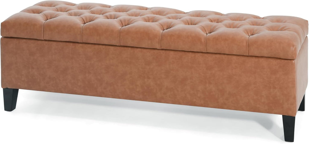 PU Storage Ottoman Bench - Leather Storage Bench End of Bed with Safety Hinges, Tufted Ottoman for Living, Dining Room, Entryway and Hallway, Brown