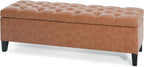 PU Storage Ottoman Bench - Leather Storage Bench End of Bed with Safety Hinges, Tufted Ottoman for Living, Dining Room, Entryway and Hallway, Brown