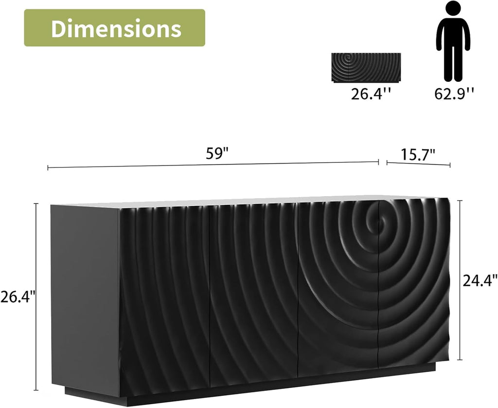 LKTART 59" Sideboard Buffet Cabinet with Storage, 4 Doors Modern Accent Storage Sideboard, Floor Cabinet Buffet with Spiral Grain for Kitchen, Living Room (Black)