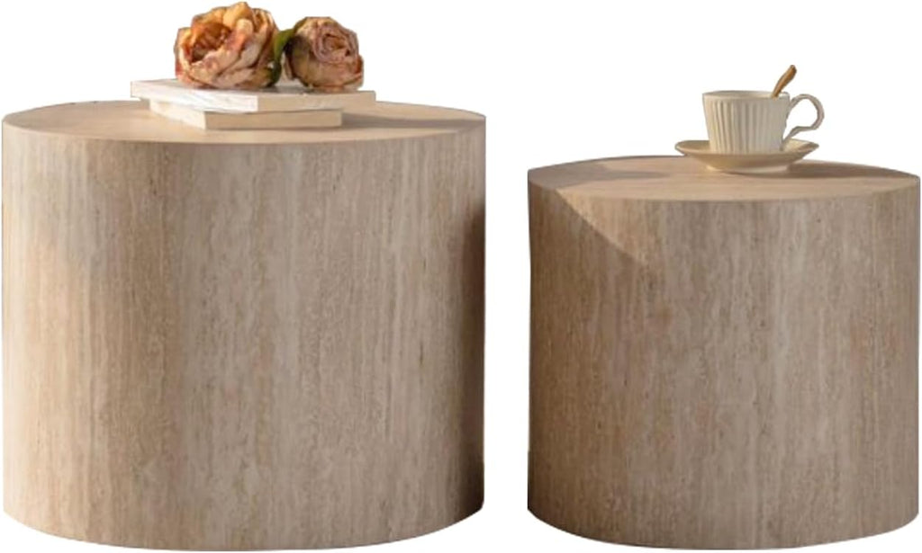 Retro Nesting Coffee Table Set of 2, 33.86" Round Wood Coffee Tables, Circle Modern Accent End Side Table for Small Space Living Room