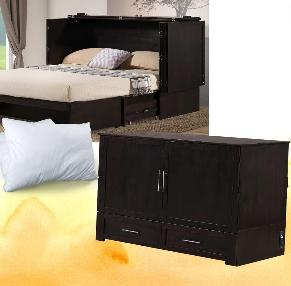 Daily Delight Murphy Cabinet Chest Bed with Charging Station & 6" Memory Foam Mattress, Queen (Java)