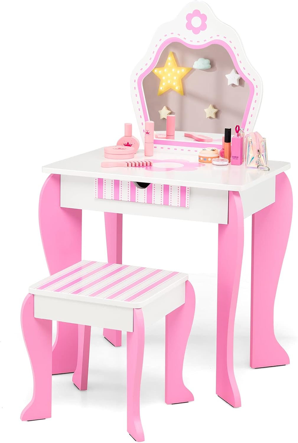 Costzon Kids Vanity, Girls Vanity Set with Mirror and Stool, Storage Drawer, Wooden Princess Makeup Dressing Table, Kids Vanity Table and Chair Set