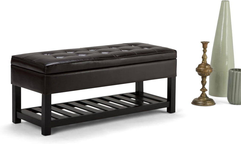 SIMPLIHOME Cosmopolitan 44" Wide Vegan Leather Storage Ottoman in Brown | Tanners brown, transitional storage ottoman bench with tufted lift-top and open shelf; rectangle footstool or footrest.