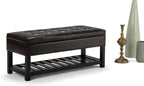 SIMPLIHOME Cosmopolitan 44" Wide Vegan Leather Storage Ottoman in Brown | Tanners brown, transitional storage ottoman bench with tufted lift-top and open shelf; rectangle footstool or footrest.