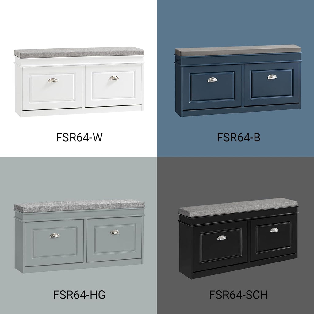 Haotian Shoe Storage Bench Entryway, Shoe Cabinet Bench with 2 Flip Drawers & Cushion, Modern Design Shoe Organizer for Hallway, Navy Blue FSR64-B