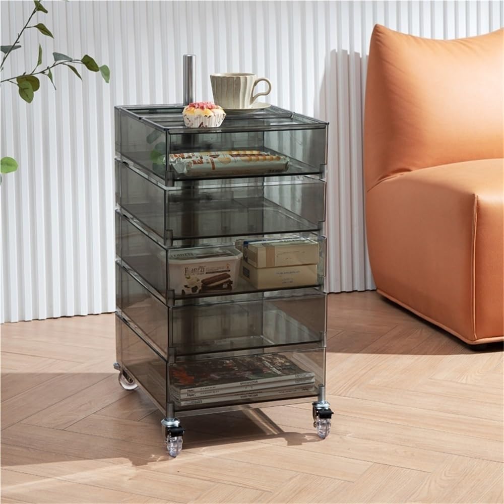End Table with Storage and Wheels Plastic Side Cabinet Storage Cart Bedside Table Side Tables for Living Room Kitchen Long-Lasting(Clear)
