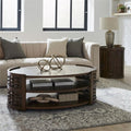 Pemberly Row 3 Piece Living Room Table Set, Rubberwood and Oak Veneer, Coffee Brown Finish, Includes Oval Cocktail Table with Casters and 2 Round End Tables, Basketweave Design, Shelves, Contemporary