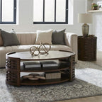Pemberly Row 3 Piece Living Room Table Set, Rubberwood and Oak Veneer, Coffee Brown Finish, Includes Oval Cocktail Table with Casters and 2 Round End Tables, Basketweave Design, Shelves, Contemporary