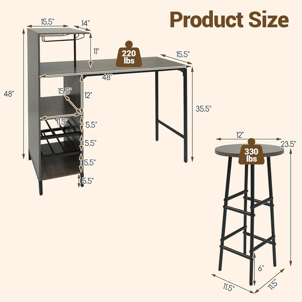 Giantex 3 Pieces Bar Table and Stools Set, Bistro Table Set with Glass Holder, 2 Tier Wine Rack & Storage Shelves, Kitchen Counter Table with 2 Stools for Home, Dining Room, Restaurant (Oak Gray)