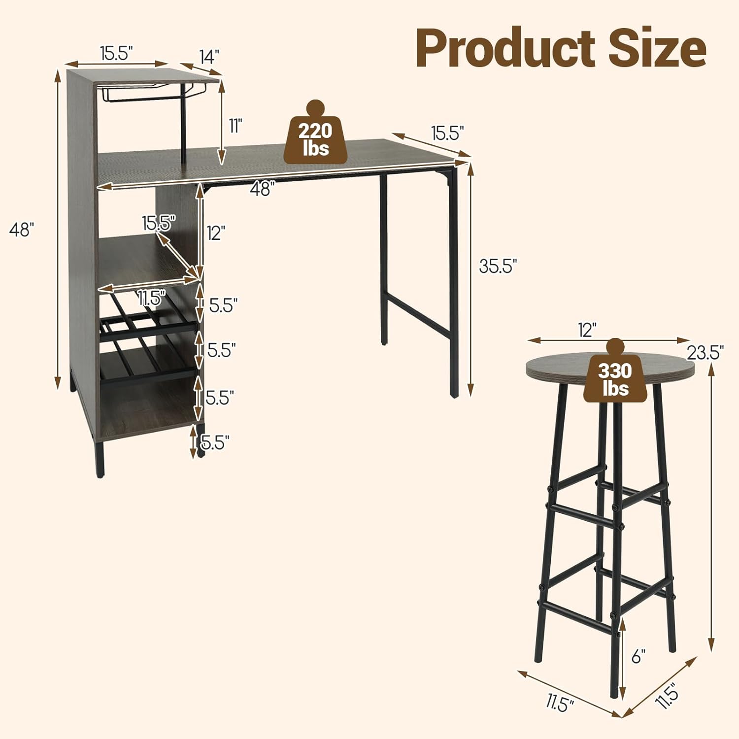 Giantex 3 Pieces Bar Table and Stools Set, Bistro Table Set with Glass Holder, 2 Tier Wine Rack & Storage Shelves, Kitchen Counter Table with 2 Stools for Home, Dining Room, Restaurant (Oak Gray)