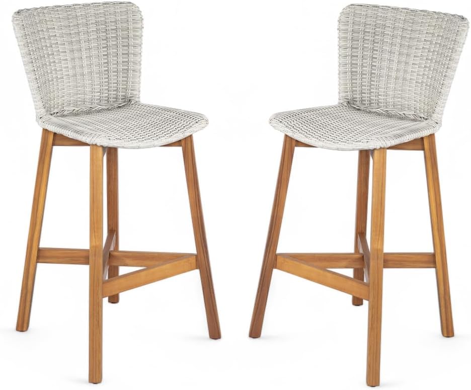 Saiveina Lymington Outdoor Bar Stool, Teak Finished Wood with Light Grey Wicker, Set of 2