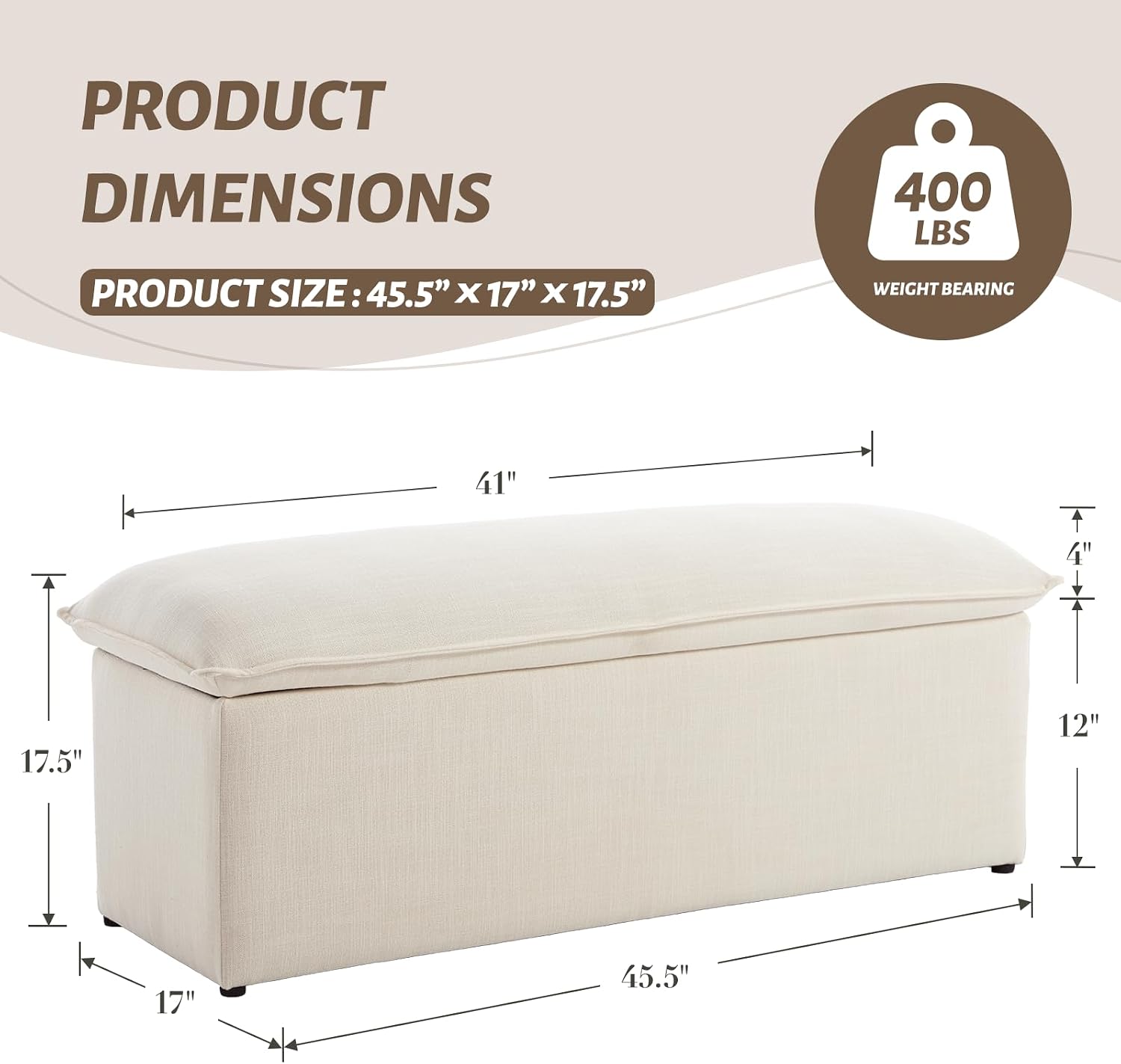 Ya-Home Modern Storage Bench Linen Fabric, Upholstered Storage Ottoman Entryway Bench with Seating for Bedroom Living Room, Beige