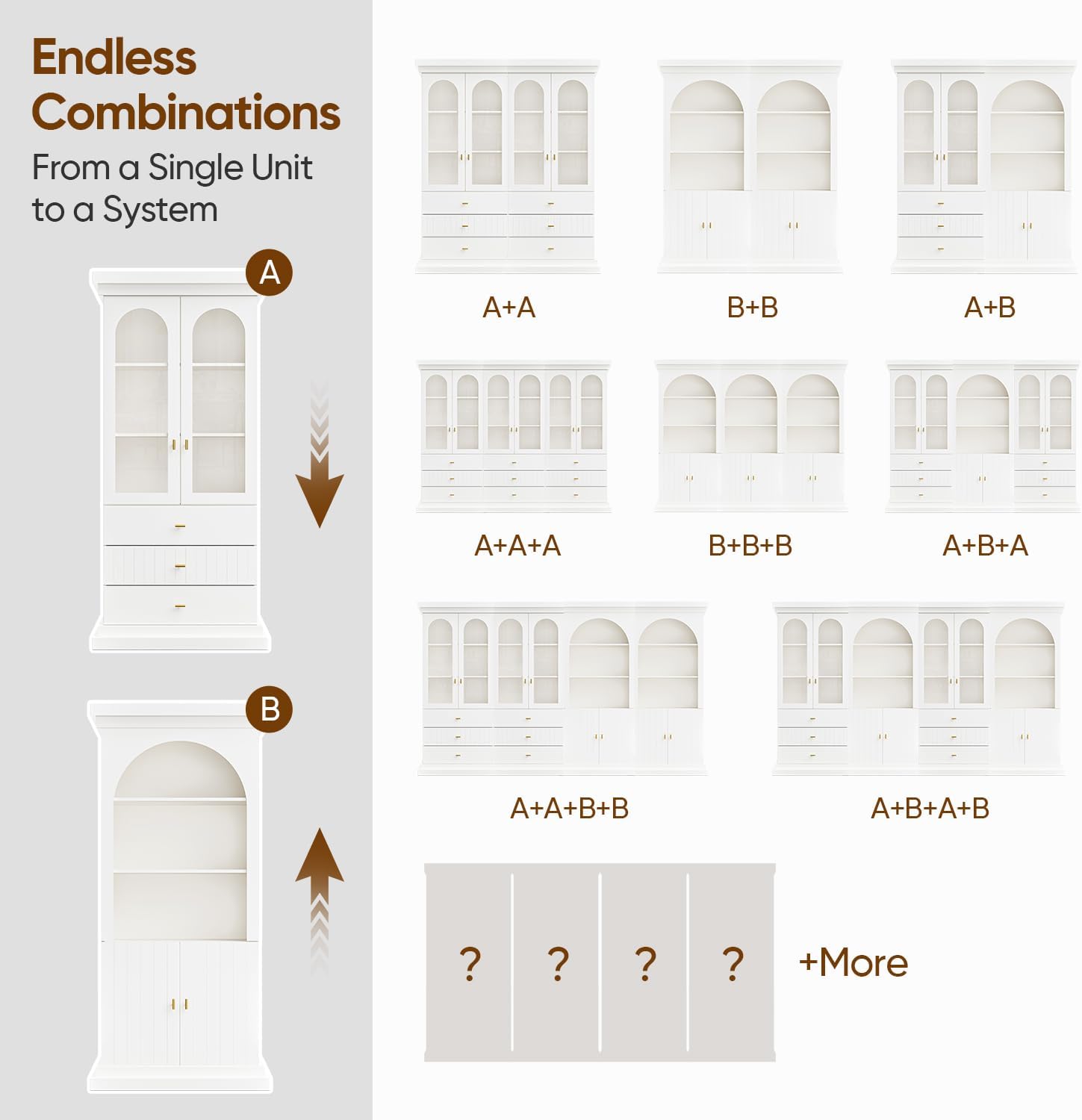 71" Arched Kitchen Modern Pantry Storage Cabinet, Tall Display Cabinet for Living Room and Dining Room with 1 Glass Door and 1 Open Shelf Cabinet with Drawers, White with Gold Handles, 2 of Set