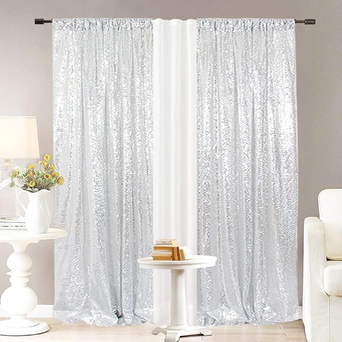 Eternal Beauty Sequin Backdrop Curtains, 2x8 Ft-2 Panels Silver Back Drop for Shimmer Photography Party Wedding Birthday Decor