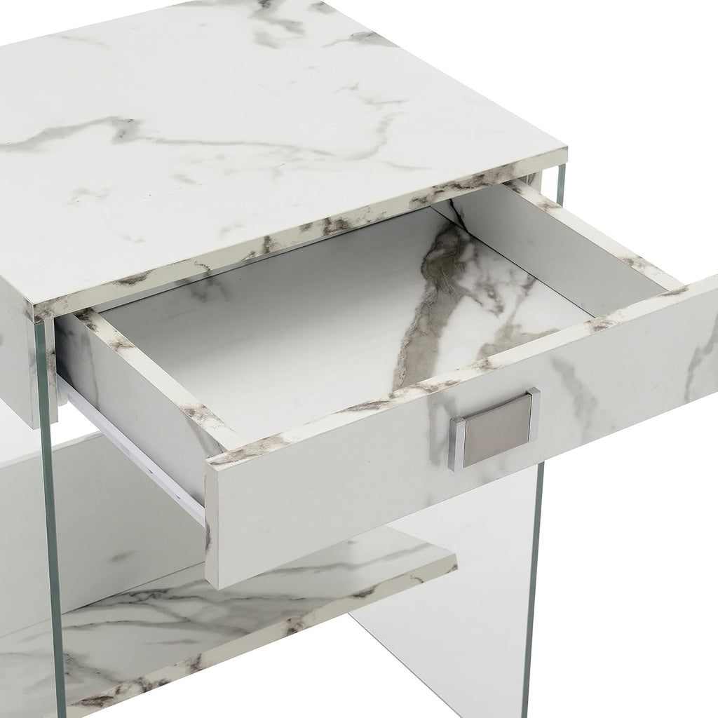 Convenience Concepts SoHo 1 Drawer Glass End Table 18" - 2 Tier Modern, Contemporary Square Side Accent with Storage Shelf for Living or Family Room, White Faux Marble