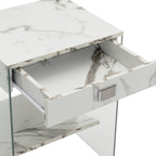 Convenience Concepts SoHo 1 Drawer Glass End Table 18" - 2 Tier Modern, Contemporary Square Side Accent with Storage Shelf for Living or Family Room, White Faux Marble