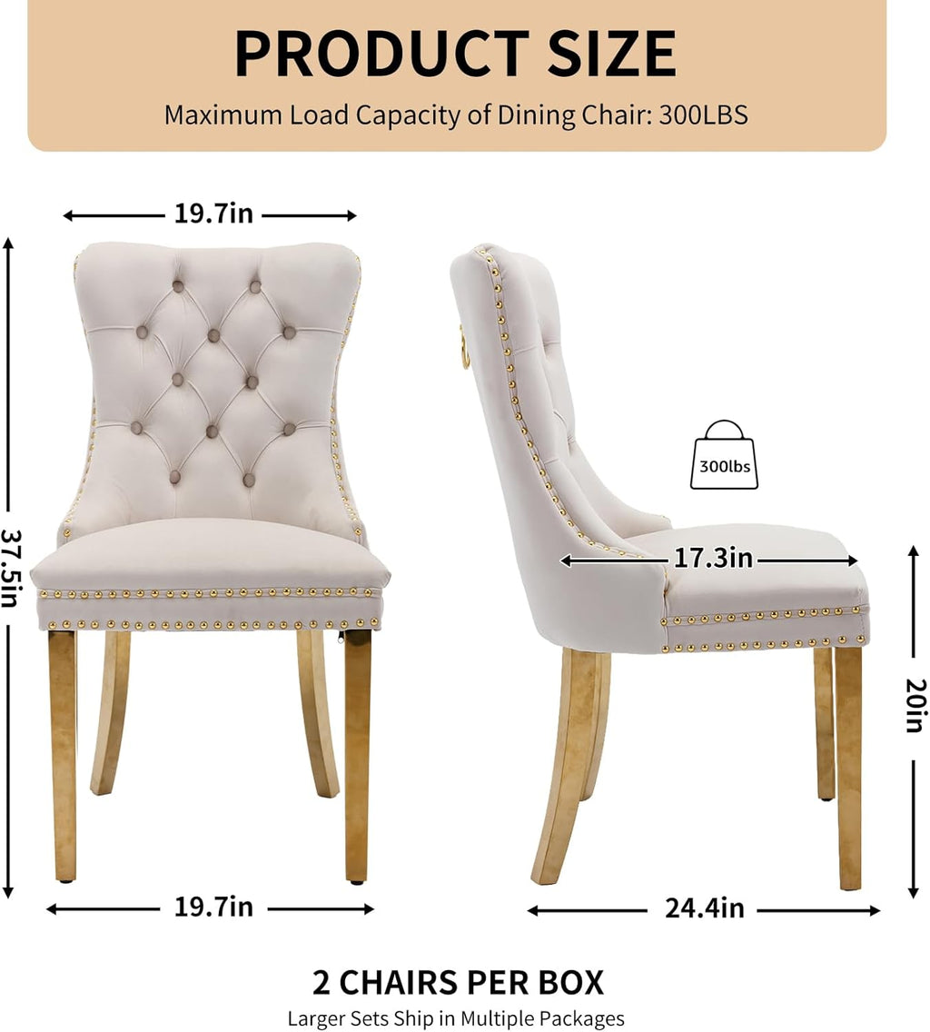 Velvet Dining Chairs Set of 4, Tufted Upholstered High Wingback Chairs with Nailhead Trim & Pull Ring, Golden Stainless Steel Legs for Dining Room, Sillas de Comedor, Beige