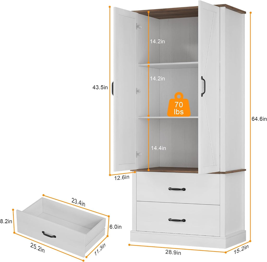 GarveeHome Kitchen Pantry Cabinet, Farmhouse Storage Cabinet with Barn Doors, Drawers and Adjustable Shelves, Versatile Storage for Kitchen, Dining Room, Rustic White