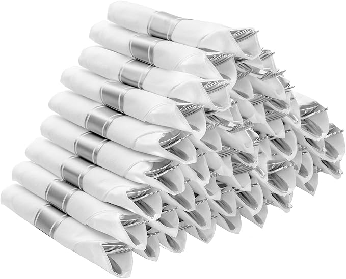 BESTVIP 50 Pack Pre Rolled Silver Plastic Silverware Set, Disposable Wrapped Cutlery Set with 50 Napkins, 50 Knives, 50 Forks and 50 Spoons for Party, Birthday