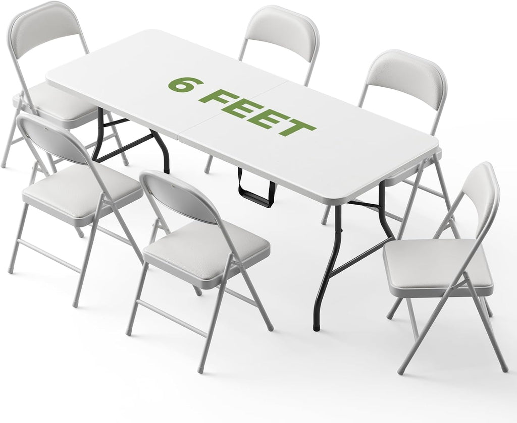 Folding Dining Table Set for 6, 6FT Foldable Plastic Table with Carrying Handle & 6 PU Leather Padded Folding Chairs, Portable Table and Chairs Set for Indoor Outdoor, Party, Wedding, Picnic, Camping