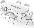 Folding Dining Table Set for 6, 6FT Foldable Plastic Table with Carrying Handle & 6 PU Leather Padded Folding Chairs, Portable Table and Chairs Set for Indoor Outdoor, Party, Wedding, Picnic, Camping