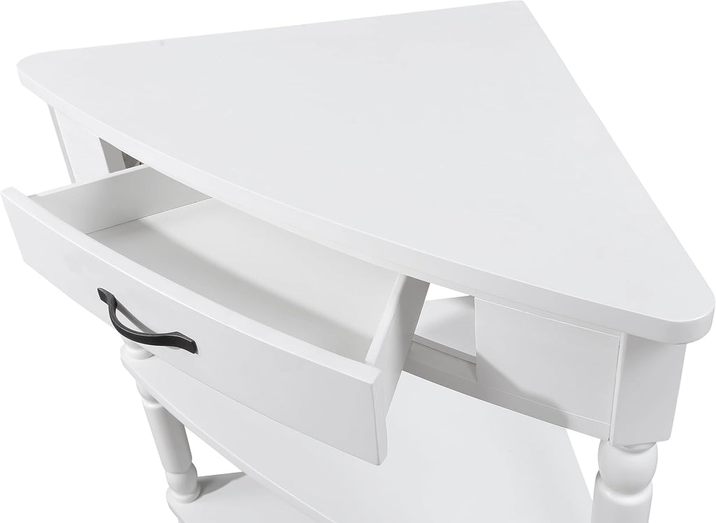 Small Triangle Corner Table Wood Corner Side Tables with Drawer & 2 Open Shelves 3 Tier End Corner Table with Solid Wood Legs for Small Spaces Living Room - Milk White