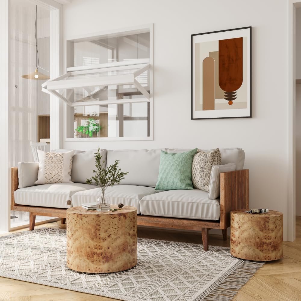 Nesting Coffee Table Set of 2, Modern Round Coffee Table (Natural Wood + Solid Wood+MDF + Farmhouse)